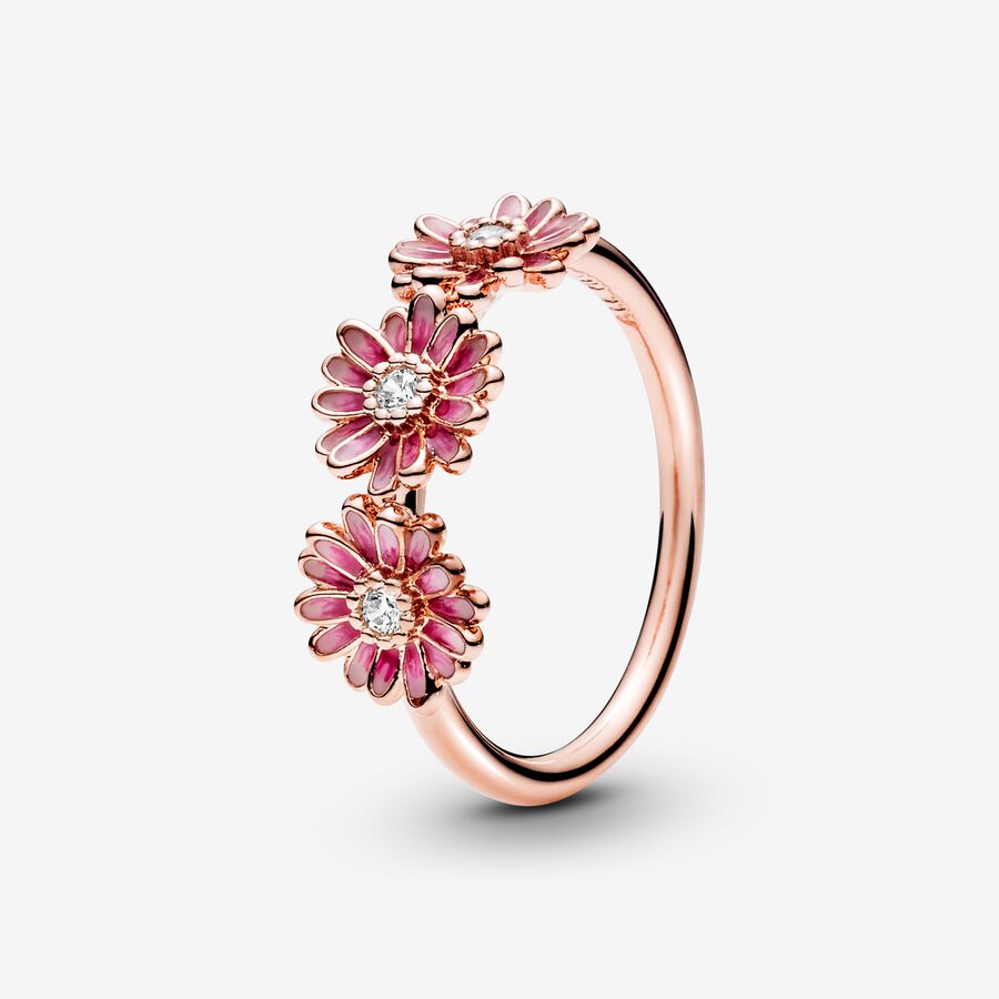 Daisy 14k rose gold-plated ring with clear cubic zirconia and shaded pink enamel image number 0