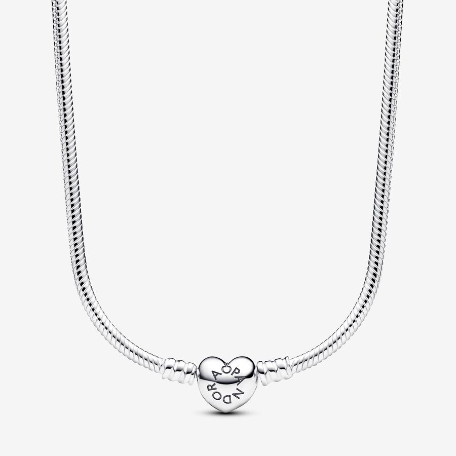 Snake chain sterling silver necklace with engravable heart clasp image number 0