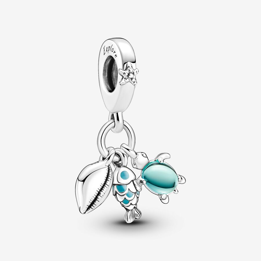 Fish, turtle and shell sterling silver dangle with bi-color green blue Murano glass and turquoise enamel image number 0
