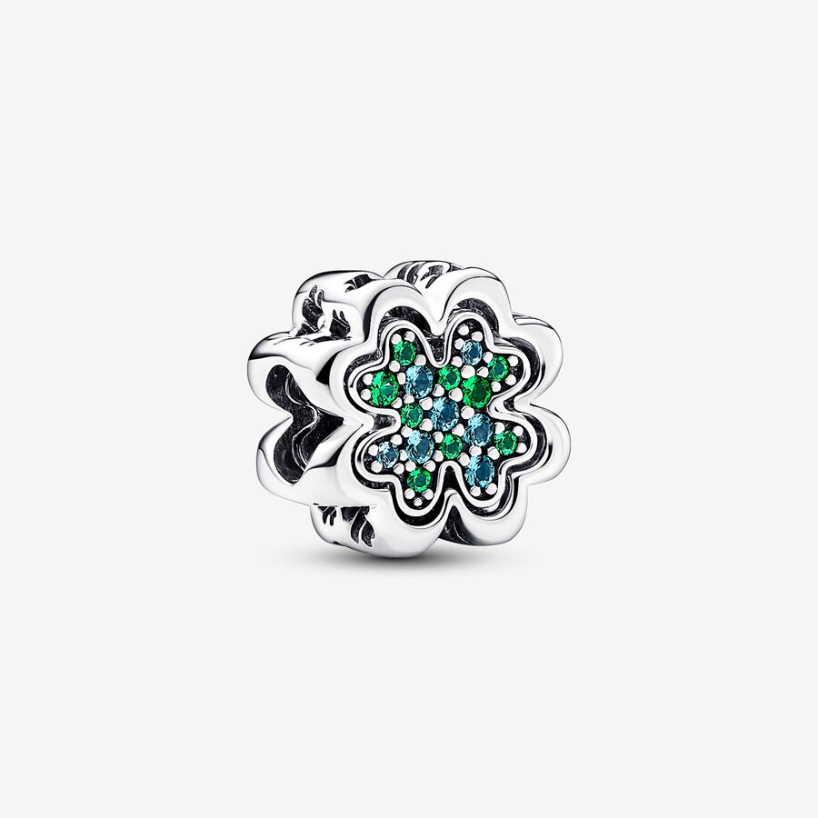 Clover sterling silver splittable charm with icy green and royal green crystal image number 0