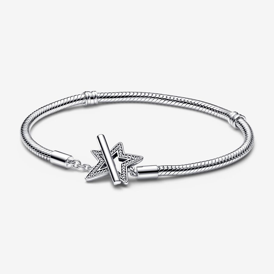 Snake chain sterling silver star toggle bracelet with clear cubic zirconia image number 0