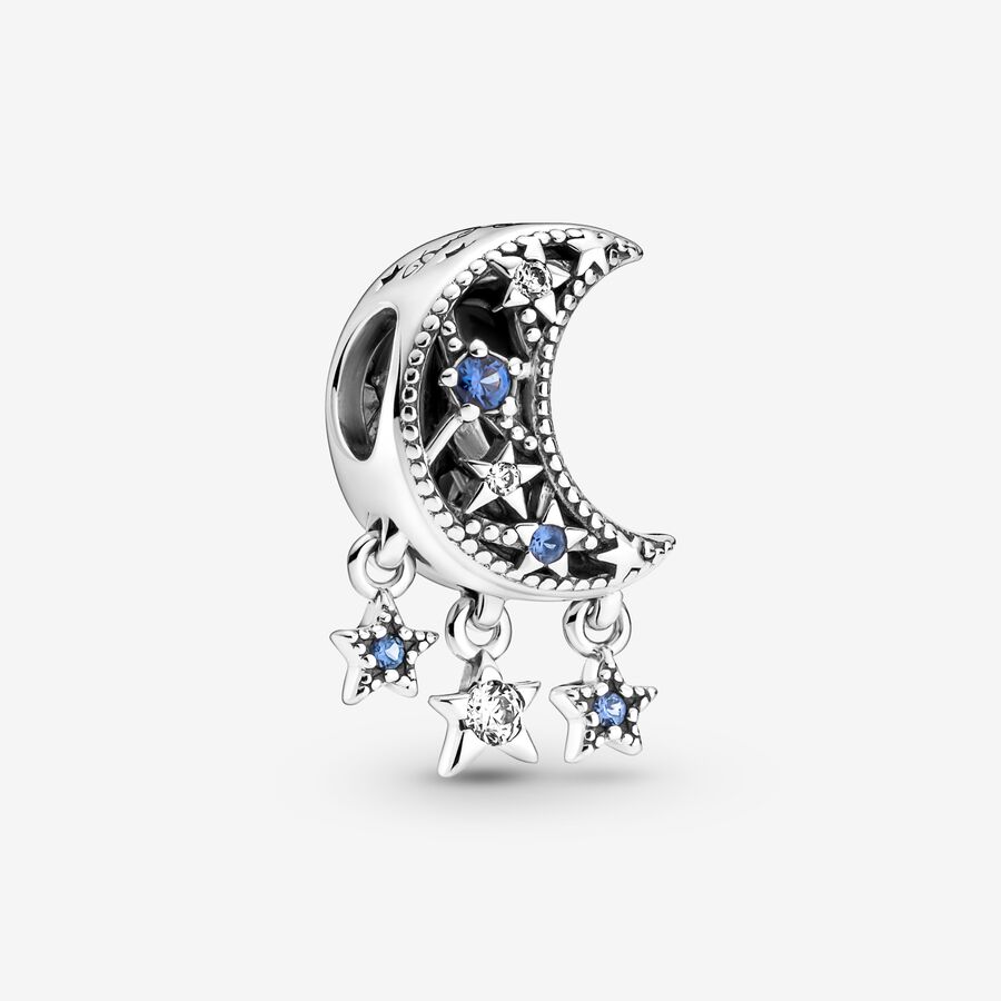 Moon and star sterling silver charm with stellar blue crystal and clear cubic zirconia image number 0