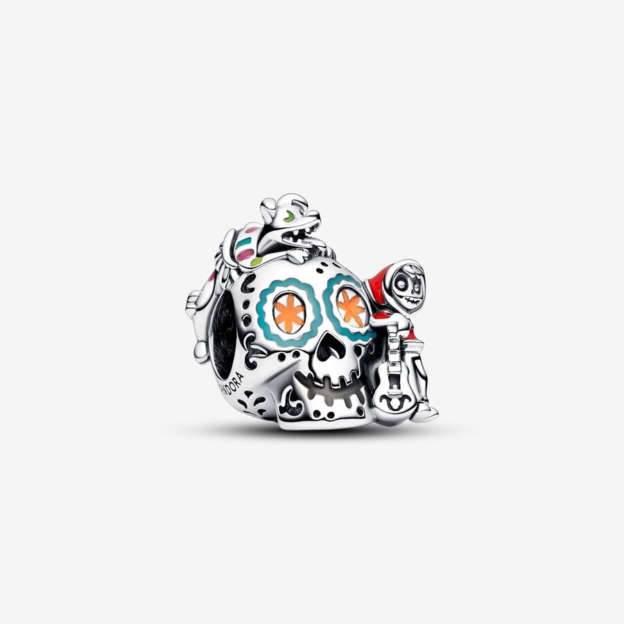Disney Pixar Coco skull sterling silver charm with red, green, orange, yellow, pink and glow in the dark enamel image number 0