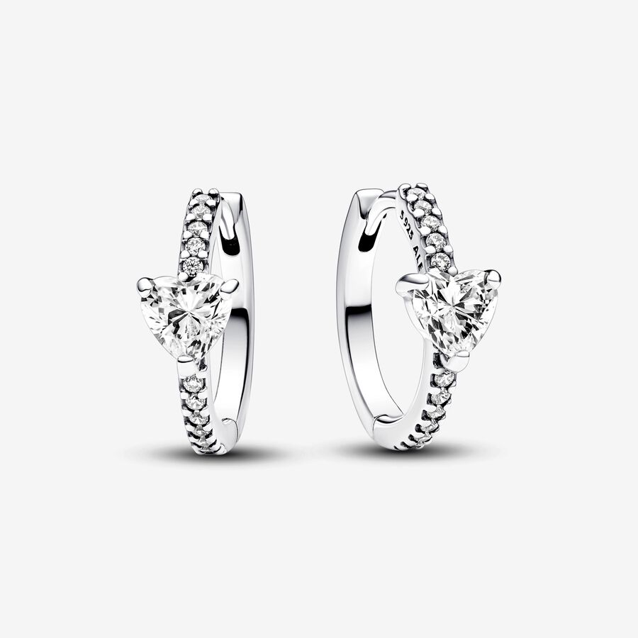 Heart sterling silver hoop earrings with clear cubic zirconia image number 0