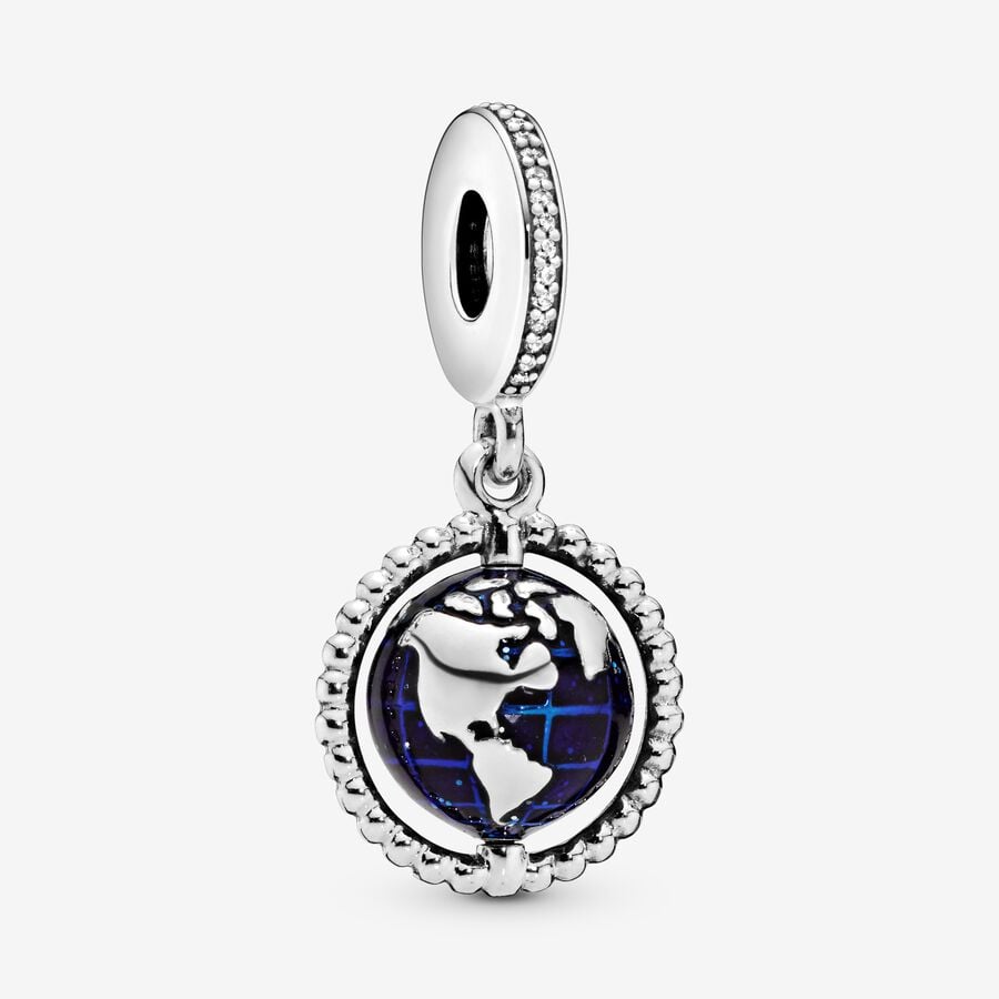 Globe silver dangle with clear cubic zirconia and blue enamel image number 0