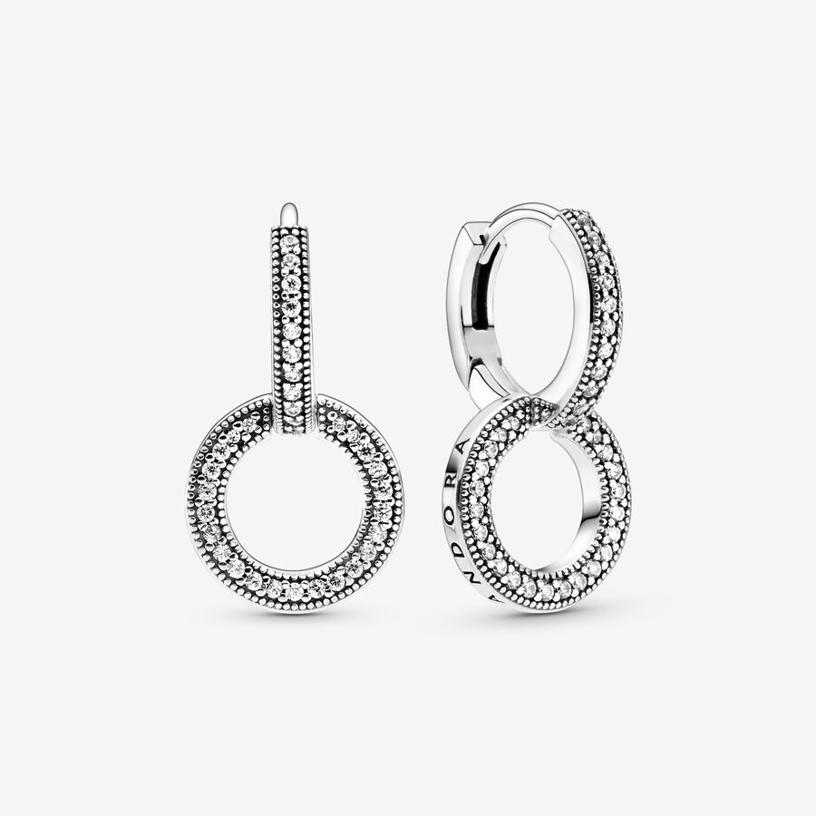 Pandora logo and circles sterling silver hoop earrings with clear cubic zirconia image number 0