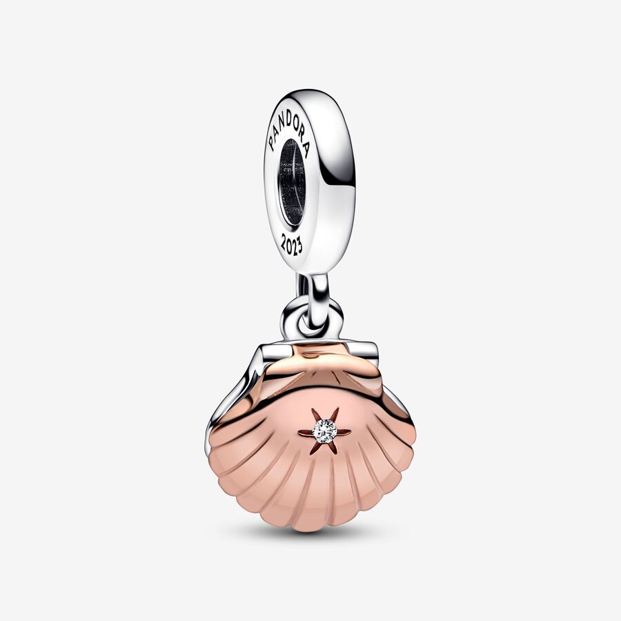 Shell sterling silver and 14k rose gold-plated dangle with 0.009 ct TW GHI SI1+ round brilliant-cut lab-created diamond and white treated fr image number 0