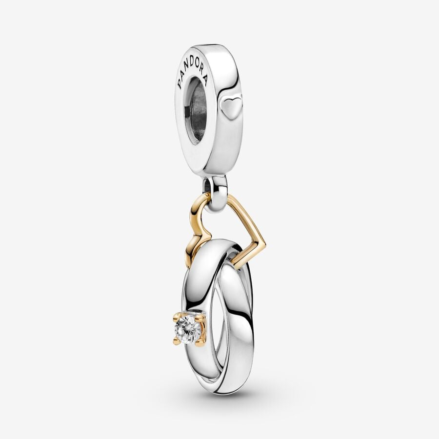 Entwined wedding rings sterling silver and 14k gold dangle with clear cubic zirconia image number 0