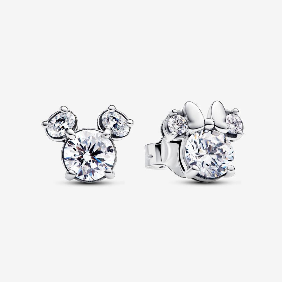 Disney Mickey and Minnie silhouette sterling silver stud earrings with clear cubic zirconia image number 0