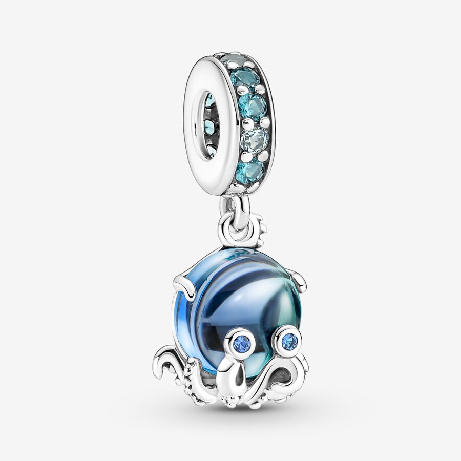 Octopus sterling silver dangle with bleached aqua blue, icy green, stellar blue crystal and bi-color green blue Murano glass image number 0