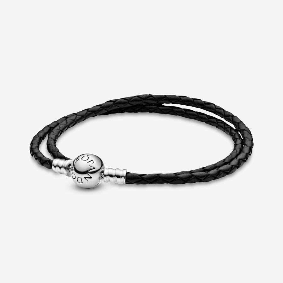 Double Bracelet en Cuir Noir Pandora Moments image number 0