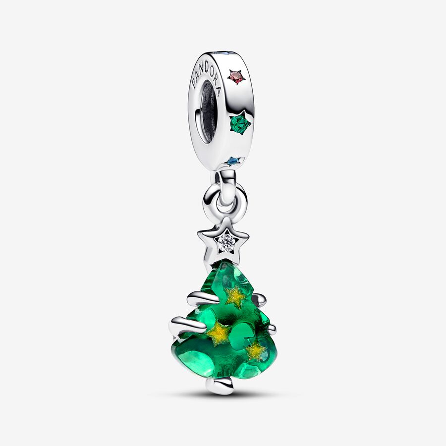 Christmas tree sterling silver dangle with clear, red cubic zirconia, stellar blue, royal green crystal and golden enamel image number 0