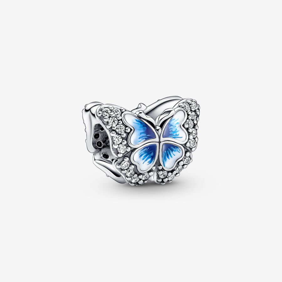 Butterfly sterling silver charm with clear cubic zirconia and shaded blue and white enamel image number 0