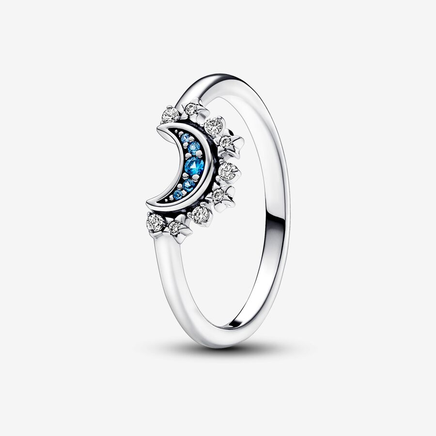 Celestial moon sterling silver ring with night blue crystal and clear cubic zirconia image number 0