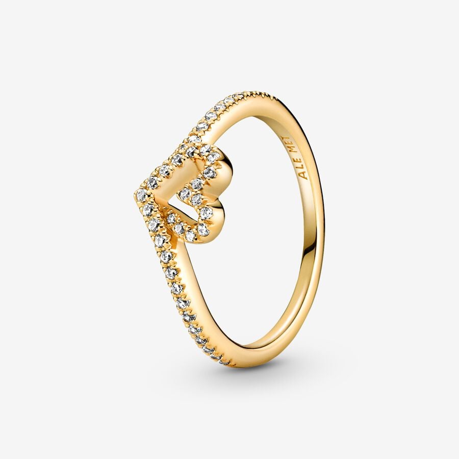 Heart and wishbone 14k gold-plated ring with clear cubic zirconia image number 0
