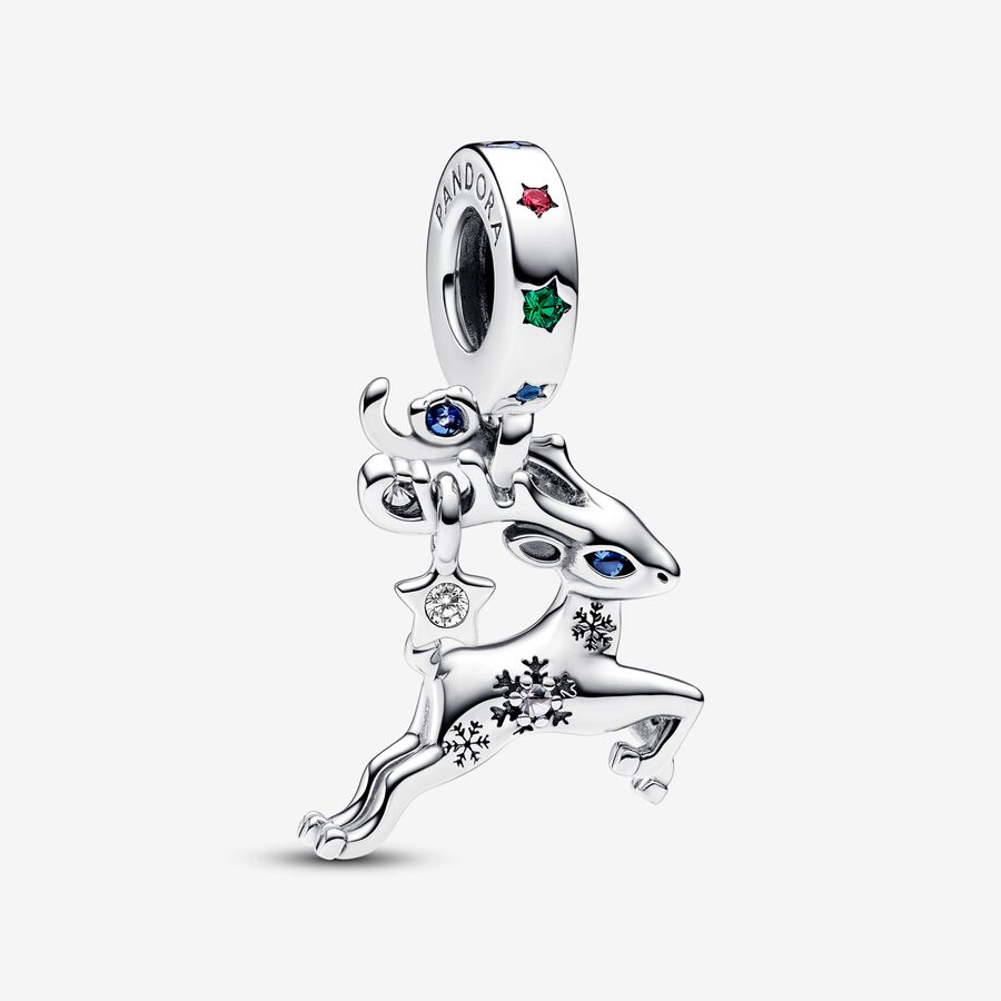 Magic reindeer sterling silver dangle with stellar blue and royal green crystal, red and clear cubic zirconia image number 0