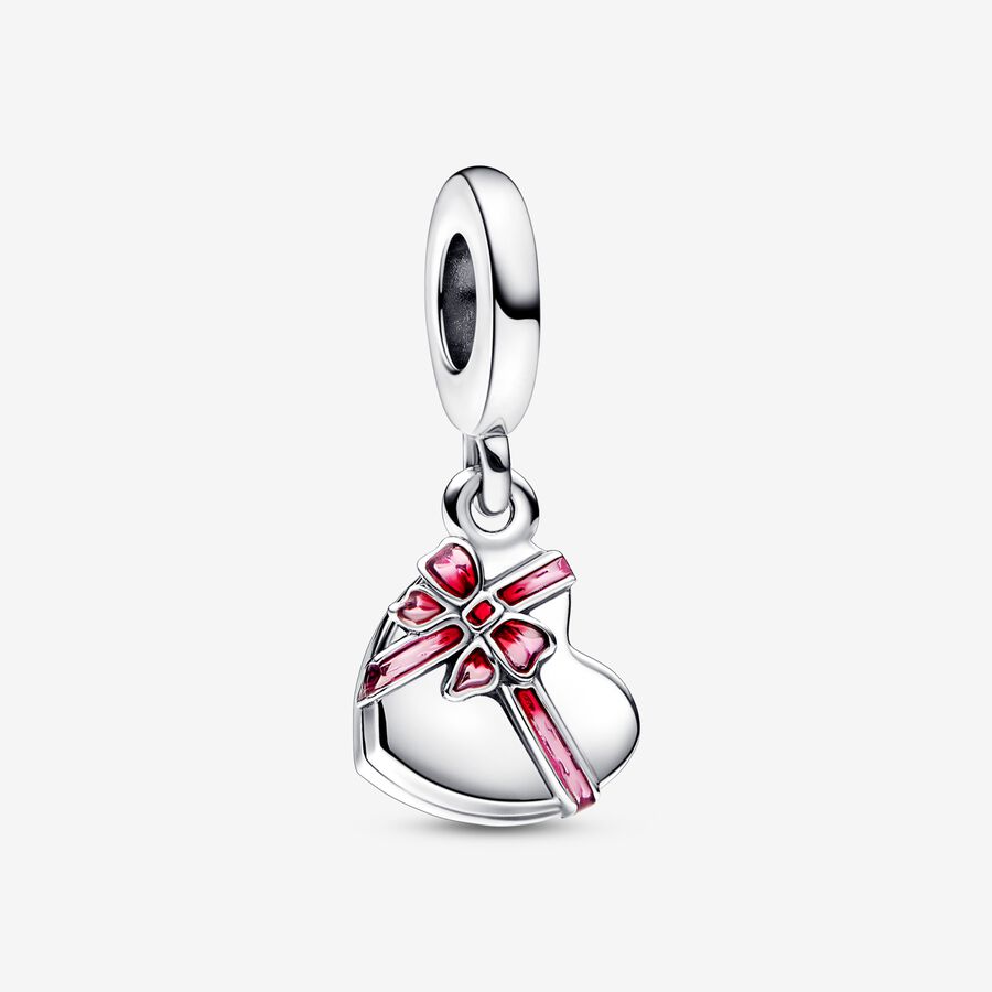 Openable chocolate box sterling silver dangle with pink and red enamel image number 0